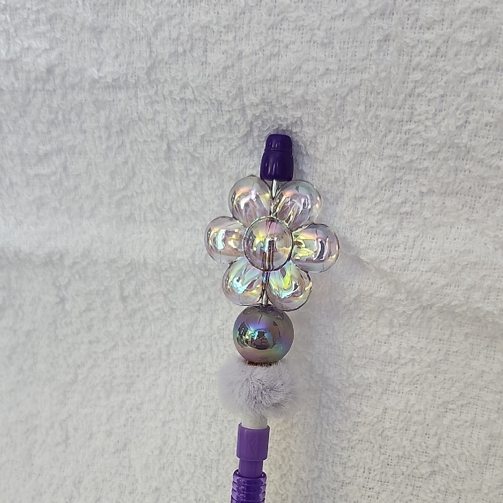 Iridescent Flower Beaded Pen with Purple Accents